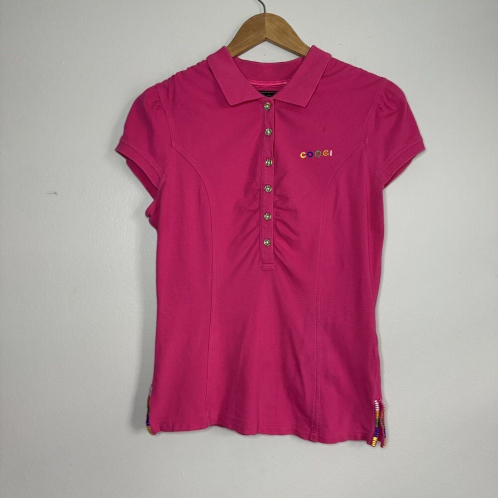 COOGI Polo Shirt Womens XL Pink Collared Short Sleeve Classic Y2K Rainbow Street
